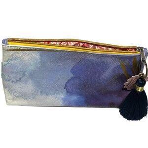 Papaya Art Tassel Clutch Bag: Blue/Indigo Watercolor & Gold Print Detail • NWT